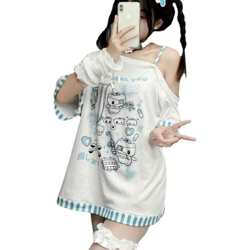 Y2K Harajuku Cartoon Print T Shirt for Women Gothic Kawaii Off Shoulder Top